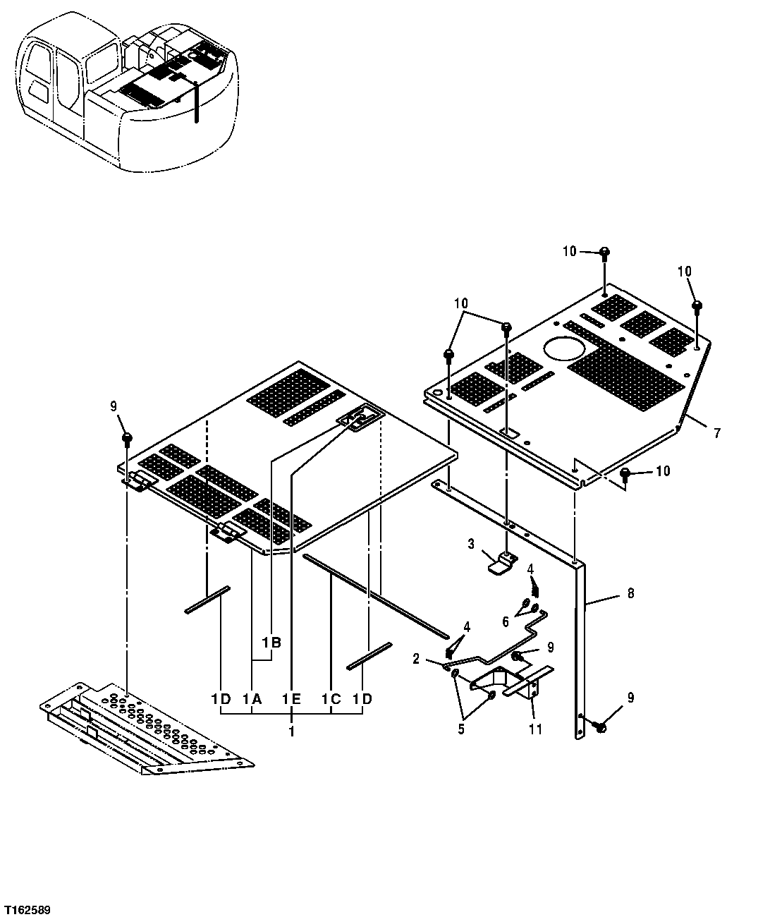 Схема запчастей John Deere 35D - 143 - ENGINE COMPARTMENT COVER AND DOOR 1910 HOOD OR ENGINE ENCLOSURE