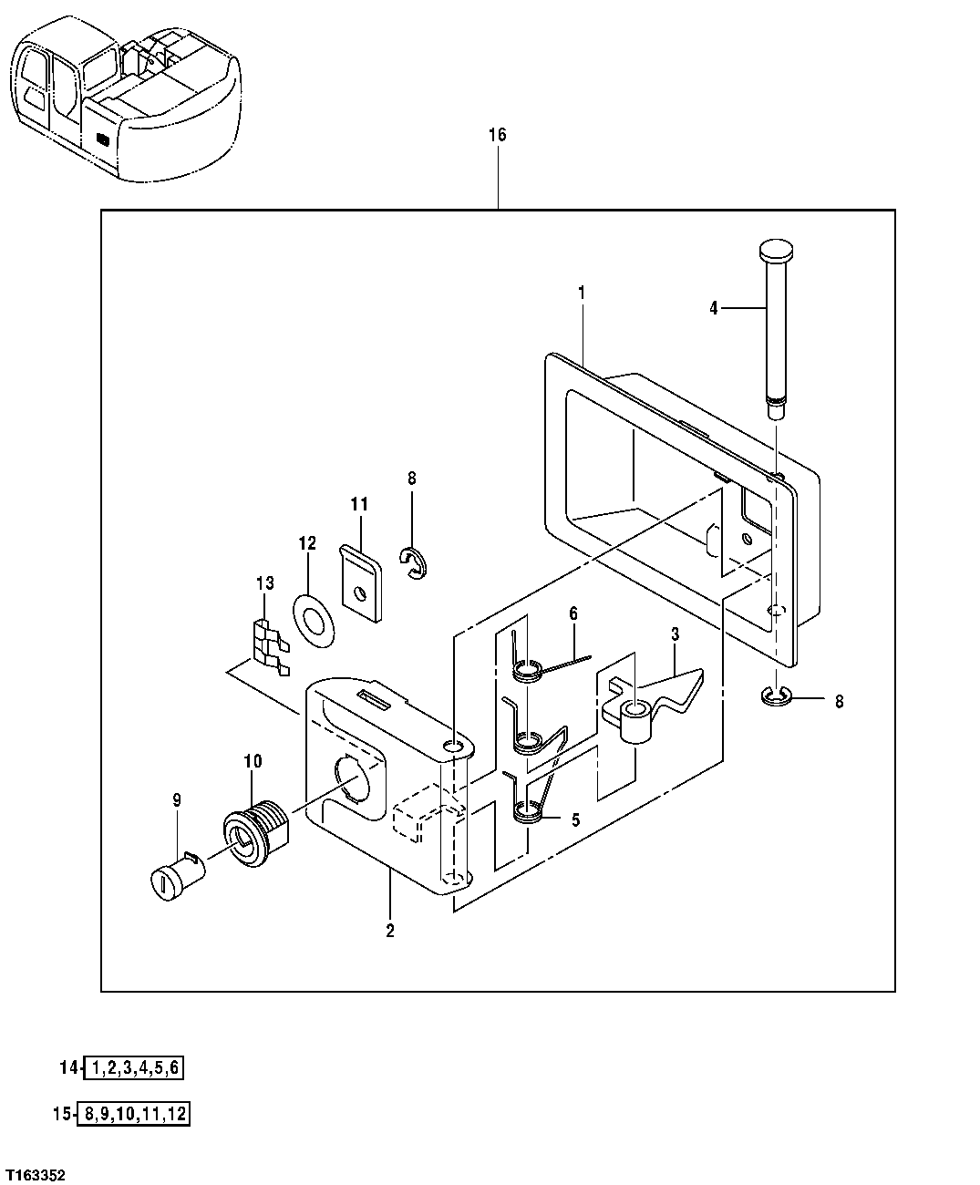 Схема запчастей John Deere 35D - 145 - COOLING PACKAGE COMPARTMENT LATCH (COMPONENTS) 1910 HOOD OR ENGINE ENCLOSURE