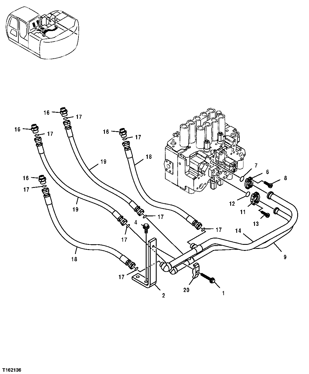 Схема запчастей John Deere 35D - 234 - HYDRAULIC LINES (CONTROL VALVE TO BOOM CYLINDERS) 3363 LINES, HOSES, AND FITTINGS