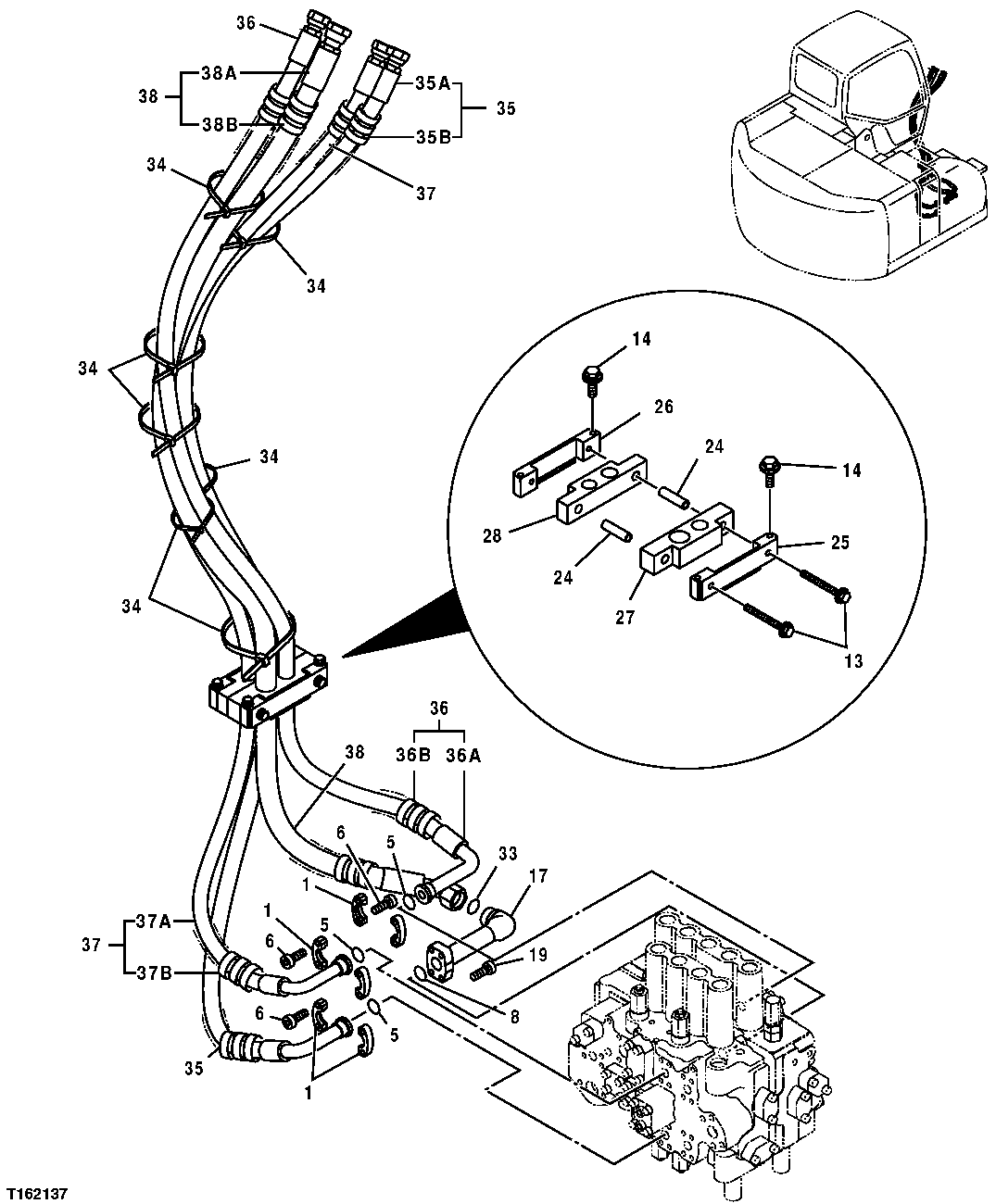 Схема запчастей John Deere 35D - 235 - HYDRAULIC LINES (CONTROL VALVE TO ARM AND BUCKET LINES ON BOOM) 3363 LINES, HOSES, AND FITTINGS