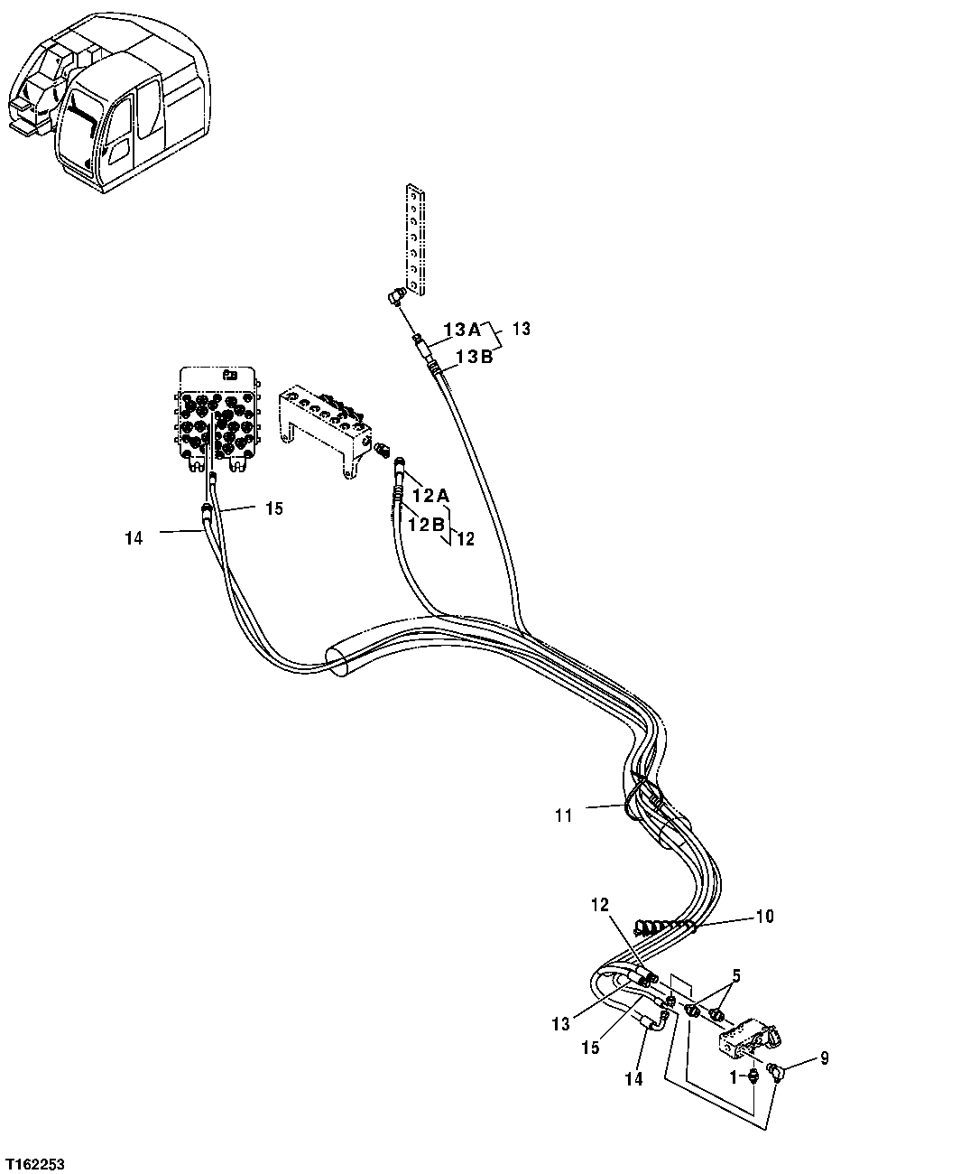 Схема запчастей John Deere 35D - 251 - PILOT LINES (PILOT SIGNAL MANIFOLD TO PILOT SHUTOFF VALVE) 3363 LINES, HOSES, AND FITTINGS