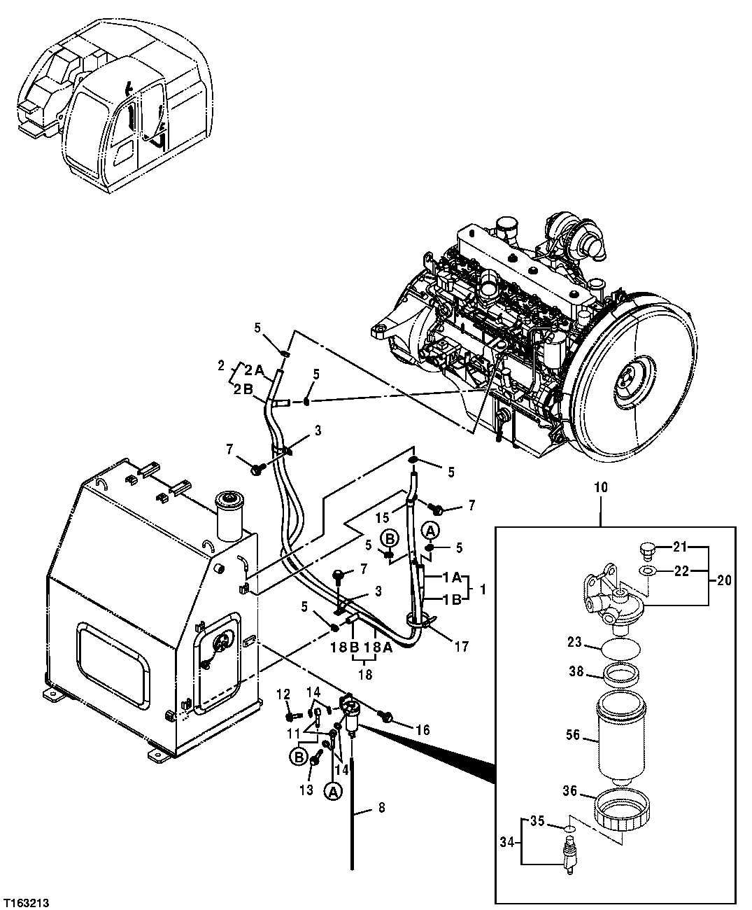 Схема запчастей John Deere 35D - 77 - FUEL LINES (FUEL TANK TO ENGINE) AND WATER SEPARATOR 0563 FUEL LINES AND FITTINGS