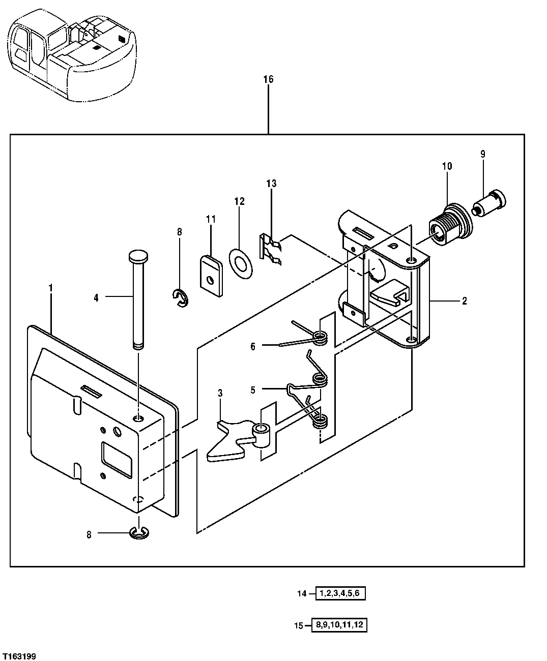 Схема запчастей John Deere 35D - 146 - HYDRAULIC PUMP AND ENGINE COMPARTMENT DOOR LATCH 1910 HOOD OR ENGINE ENCLOSURE