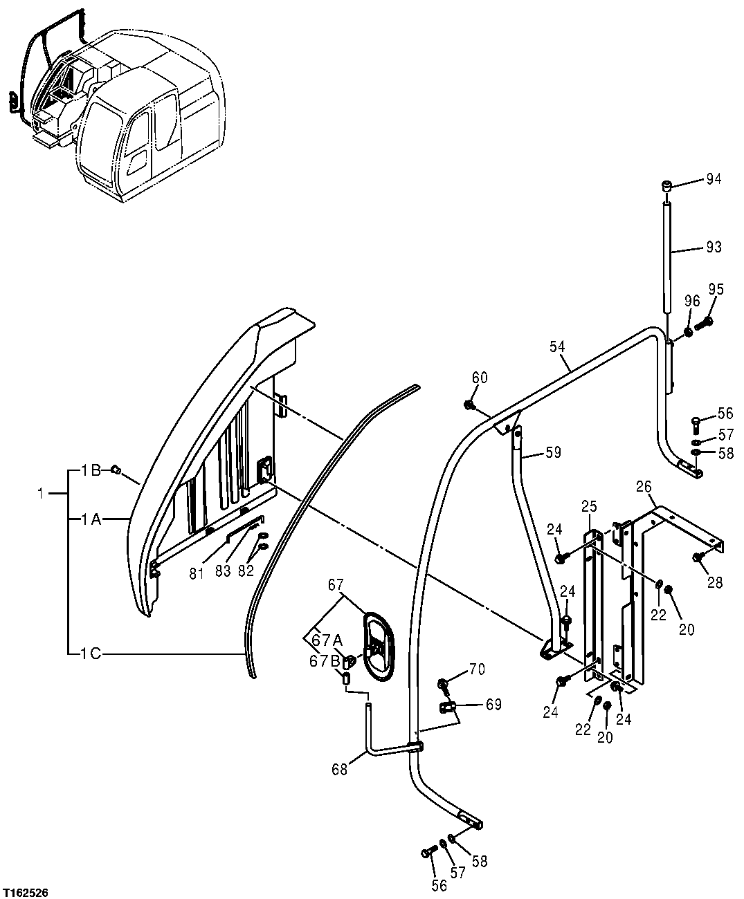 Схема запчастей John Deere 35D - 134 - CONTROL VALVE COMPARTMENT DOOR 1910 HOOD OR ENGINE ENCLOSURE