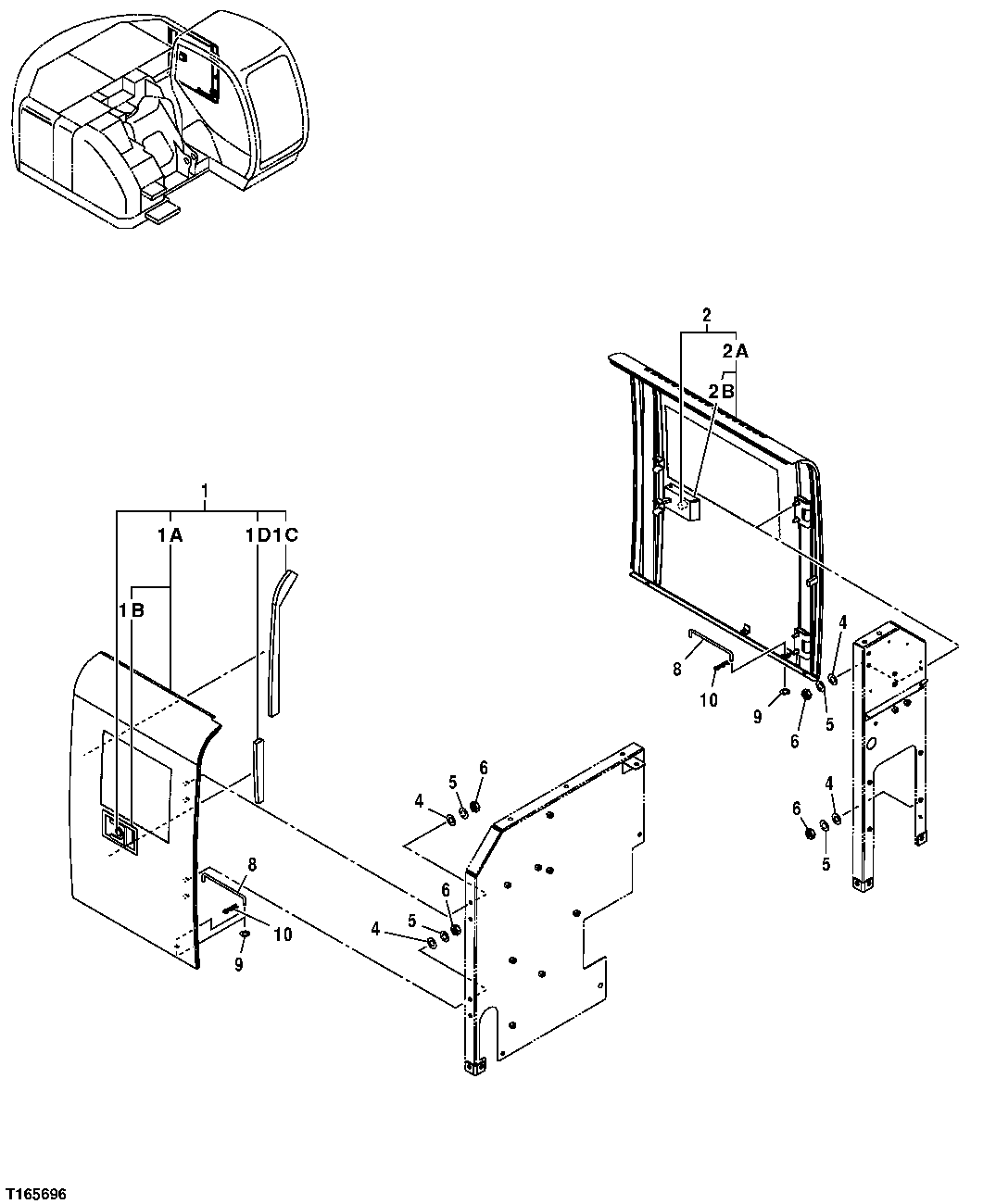 Схема запчастей John Deere 35D - 142 - COOLING PACKAGE AND HYDRAULIC PUMP COMPARTMENT DOORS (TROPICAL) 1910 HOOD OR ENGINE ENCLOSURE