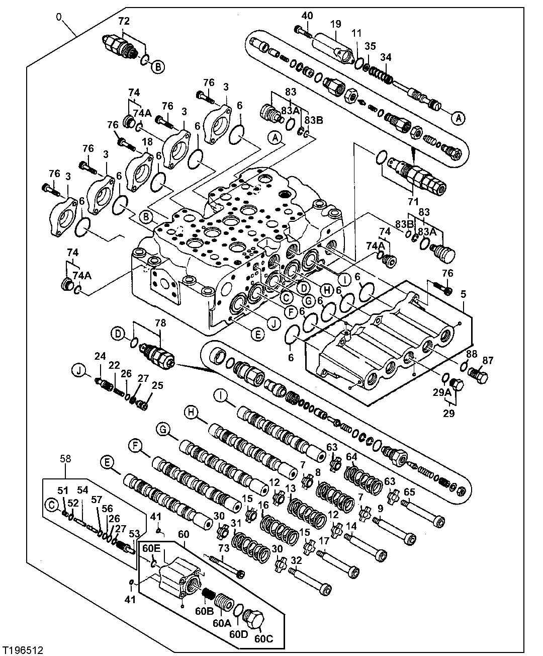 Схема запчастей John Deere 35D - 217 - CONTROL VALVE COMPONENTS (5-SPOOL) 3362 CONTROL & LOAD HOLDING VALVES