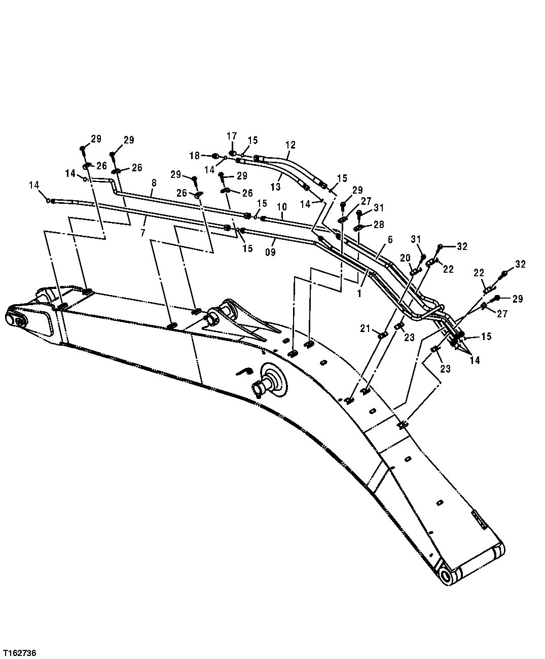 Схема запчастей John Deere 35D - 228 - HYDRAULIC LINES ON BOOM TO CYLINDERS 3363 LINES, HOSES, AND FITTINGS