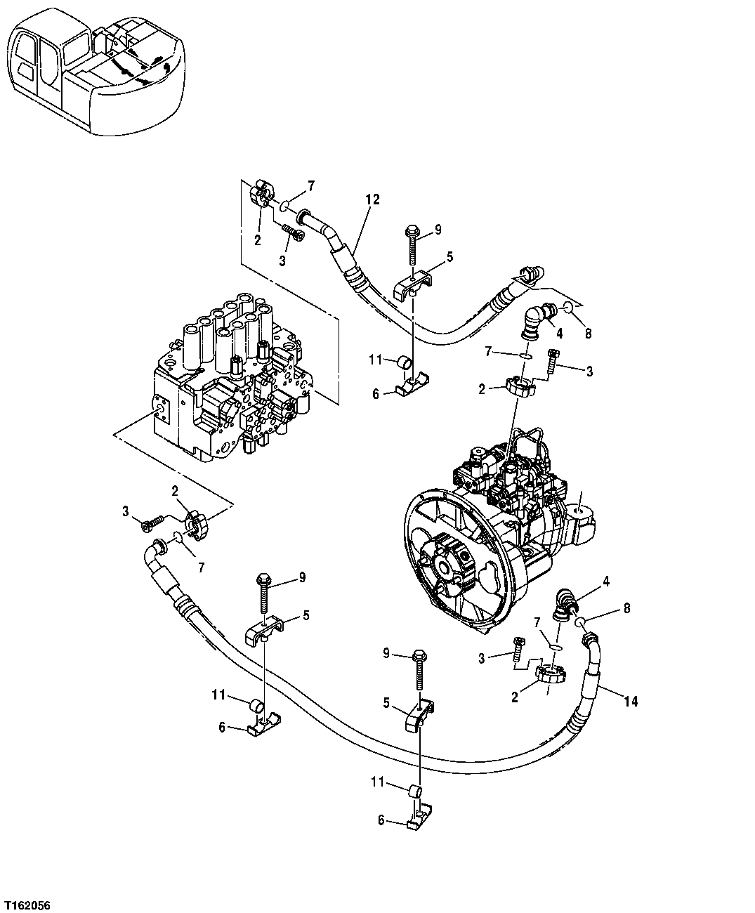 Схема запчастей John Deere 35D - 230 - HIGH PRESSURE HYDRAULIC LINES (PUMP TO CONTROL VALVE) 3363 LINES, HOSES, AND FITTINGS