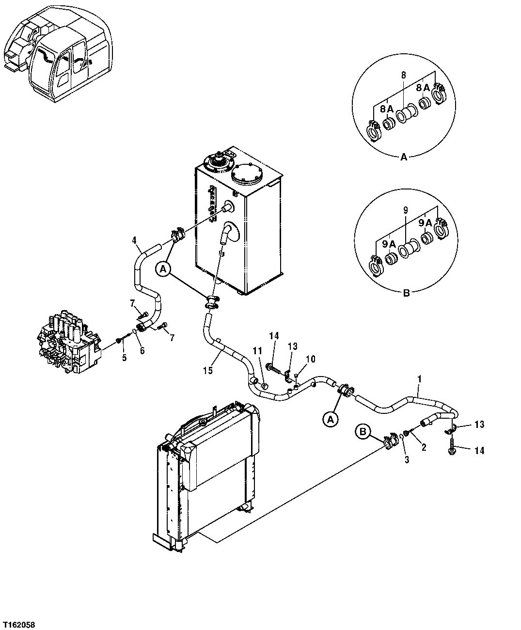 Схема запчастей John Deere 35D - 231 - HYDRAULIC RETURN LINES (CONTROL VALVE TO HYDRAULIC OIL TANK) 3363 LINES, HOSES, AND FITTINGS