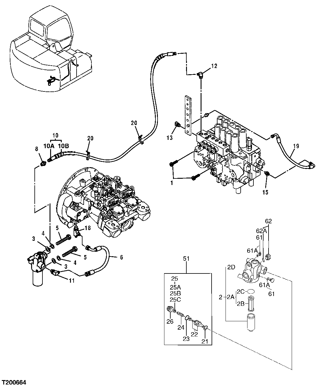 Схема запчастей John Deere 35D - 239 - PILOT LINES (PUMP TO SOLENOID VALVE) AND PILOT FILTER 3363 LINES, HOSES, AND FITTINGS