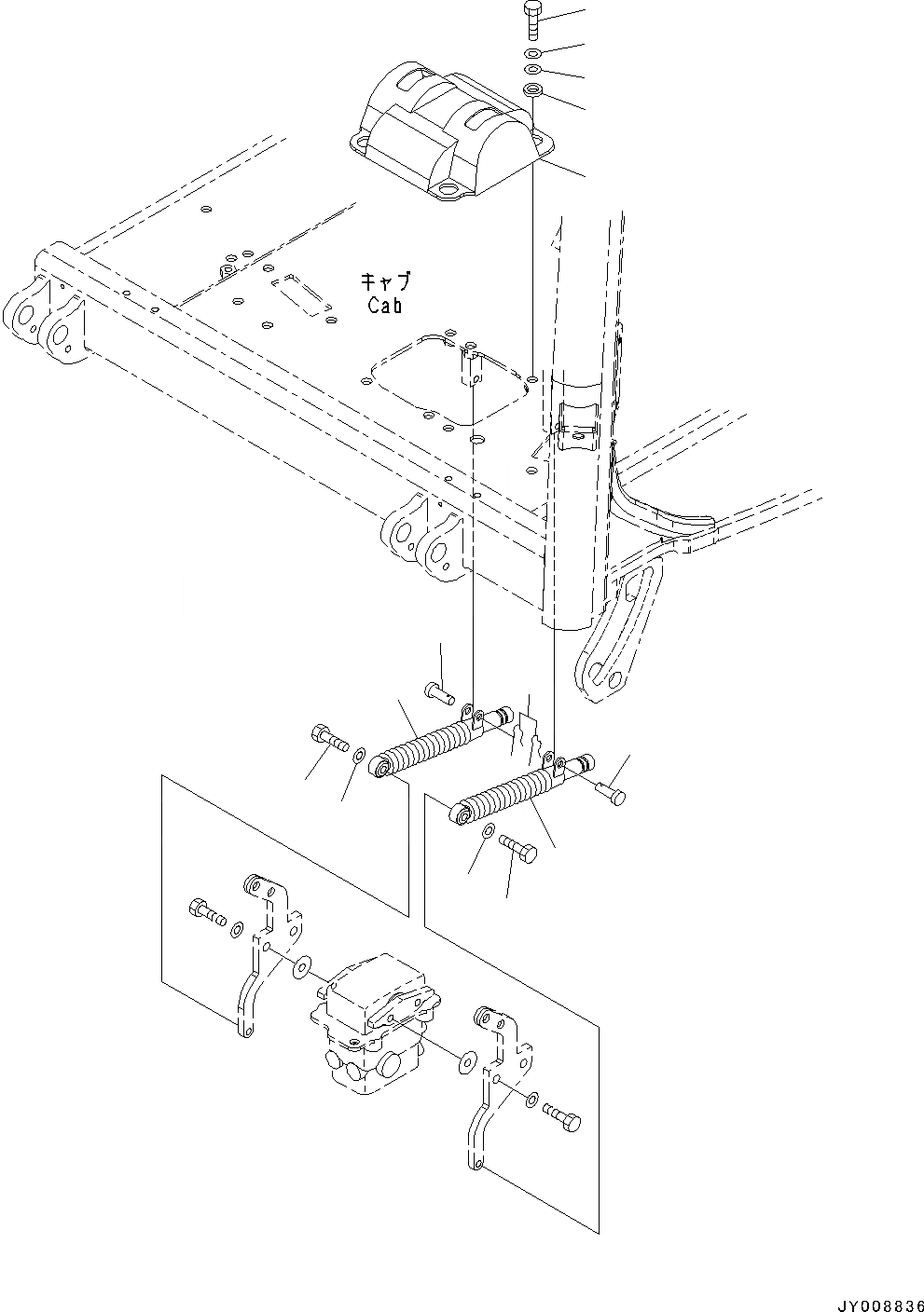 Схема запчастей Komatsu PC45MR-3 - КАБИНА, ПОЛ, КОНТРОЛЬ ХОДА (№-) КАБИНА, ОТВ. С ИЗМ. УГЛОМ DOZER, С КОНДИЦИОНЕРОМ, МАСТЕР КЛЮЧ, PROVISION ДЛЯ -ДОПОЛН. АКТУАТОР ТРУБЫ