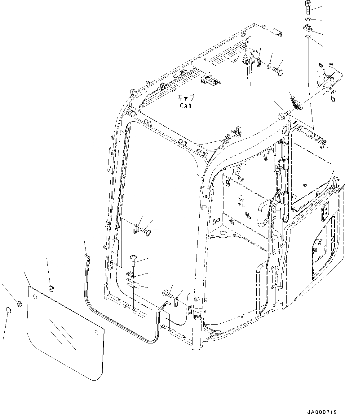 Схема запчастей Komatsu PC78US-8 - КАБИНА, ПЕРЕДН. НИЖН. ОКНА (№-) КАБИНА, С KOMTRAX, ДЛЯ СТРАН ЕС ARRANGEMENT