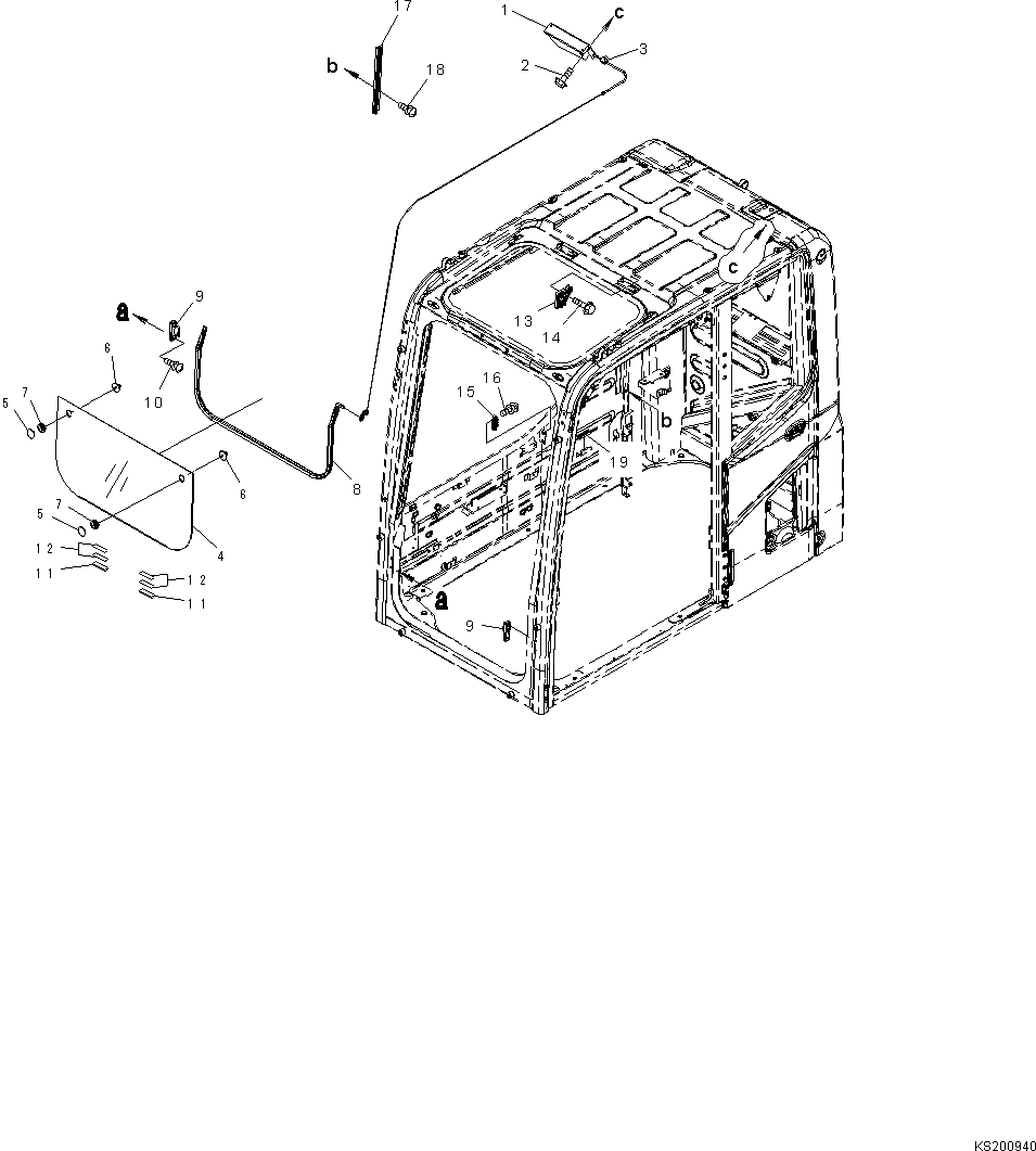 Схема запчастей Komatsu PC190LC-8 - КАБИНА, 2-СЕКЦИОНН. СТРЕЛА, ПЕРЕДН. НИЖН. ОКНА КАБИНА, 2-СЕКЦИОНН. СТРЕЛА