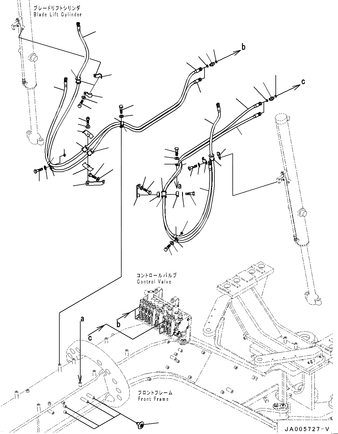 Схема запчастей Komatsu GD555-5 - ПЕРЕДН. РАМА КЛАПАН, ЦИЛИНДР ОТВАЛА ТРУБЫ (№-) ПЕРЕДН. РАМА КЛАПАН, БЕЗ ОТВАЛ АККУМУЛЯТОР