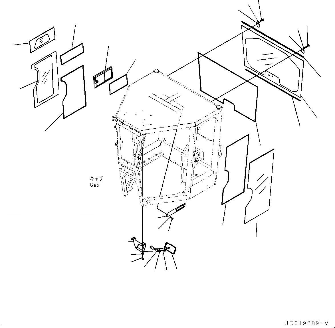Схема запчастей Komatsu GD675-5 - КАБИНА ROPS, СТЕКЛА ОКНА И КОРПУС (№-) КАБИНА ROPS, НИЗ. HEIGHT, SLIDE ОКНА