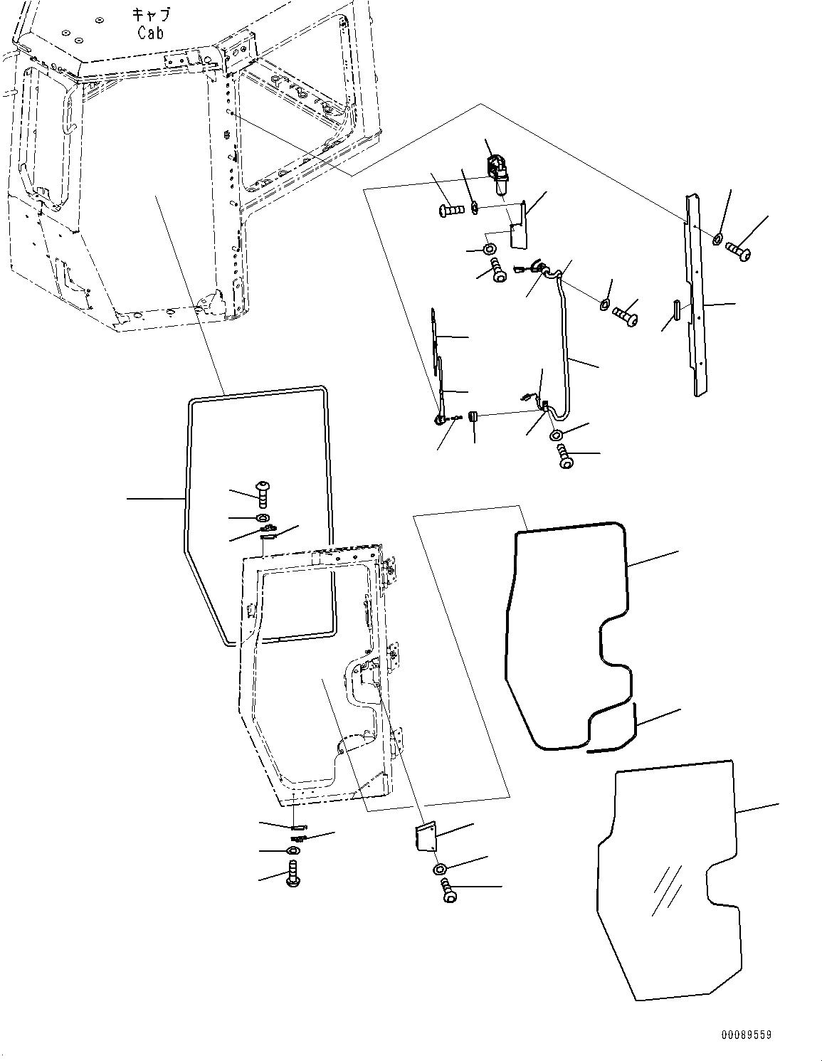 Схема запчастей Komatsu D155AX-6 - КАБИНА, ДВЕРЬ ДЕМПФЕР, ОКНА И ДВОРНИКИ, ЛЕВ. (№88-) КАБИНА, БЕЗ AM-FM РАДИО