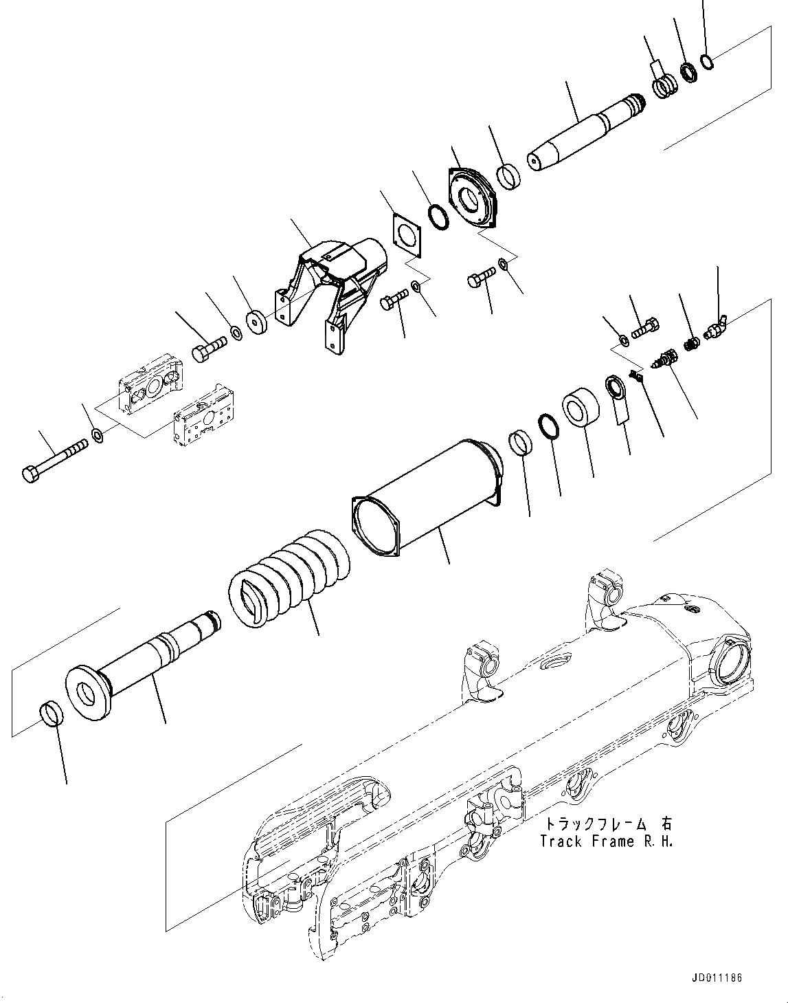 Схема запчастей Komatsu D155AX-6 - ГУСЕНИЧНАЯ РАМА, ПЕРЕДН. ЛЕНИВЕЦ, ПРАВ. (№88-) ГУСЕНИЧНАЯ РАМА, ЗАЩИТА ОПОРНЫХ КАТКОВ