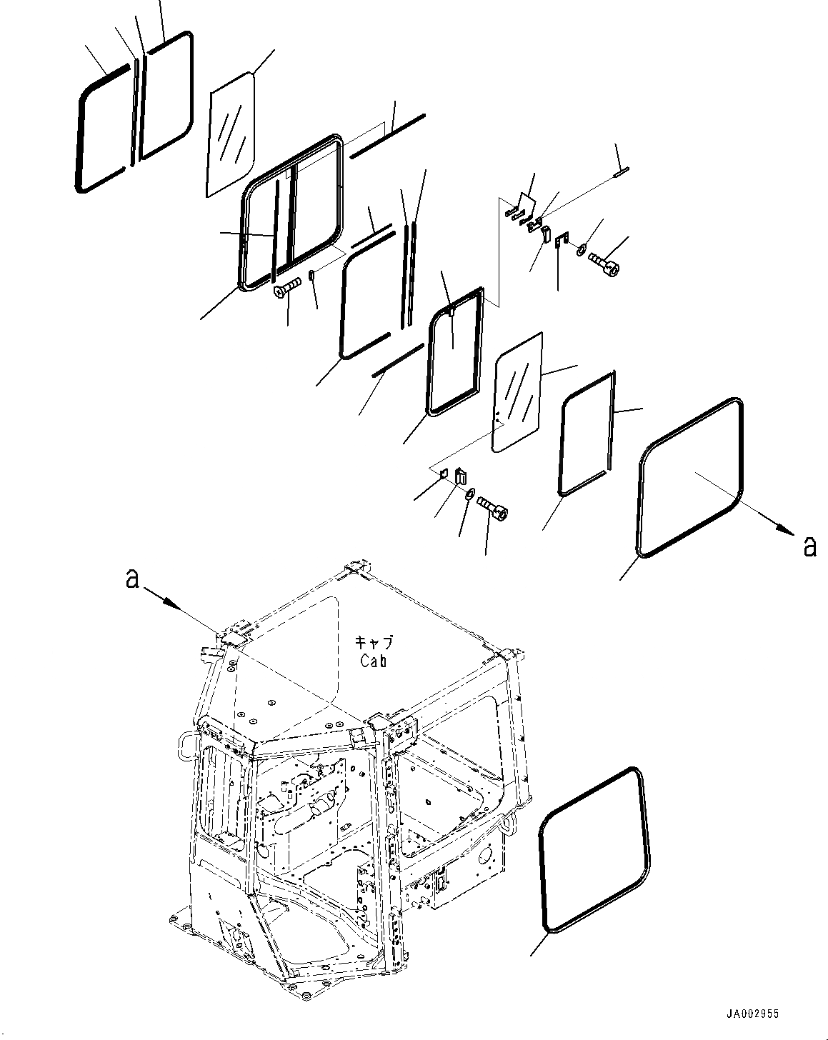 Схема запчастей Komatsu D155A-6R - КАБИНА, РАМА ТИП СТЕКЛА ОКНА, ПРАВ. (№8-) КАБИНА, С AM-FM STEREO РАДИО, CASSETTE, ЕСКАНАТ, ASIA