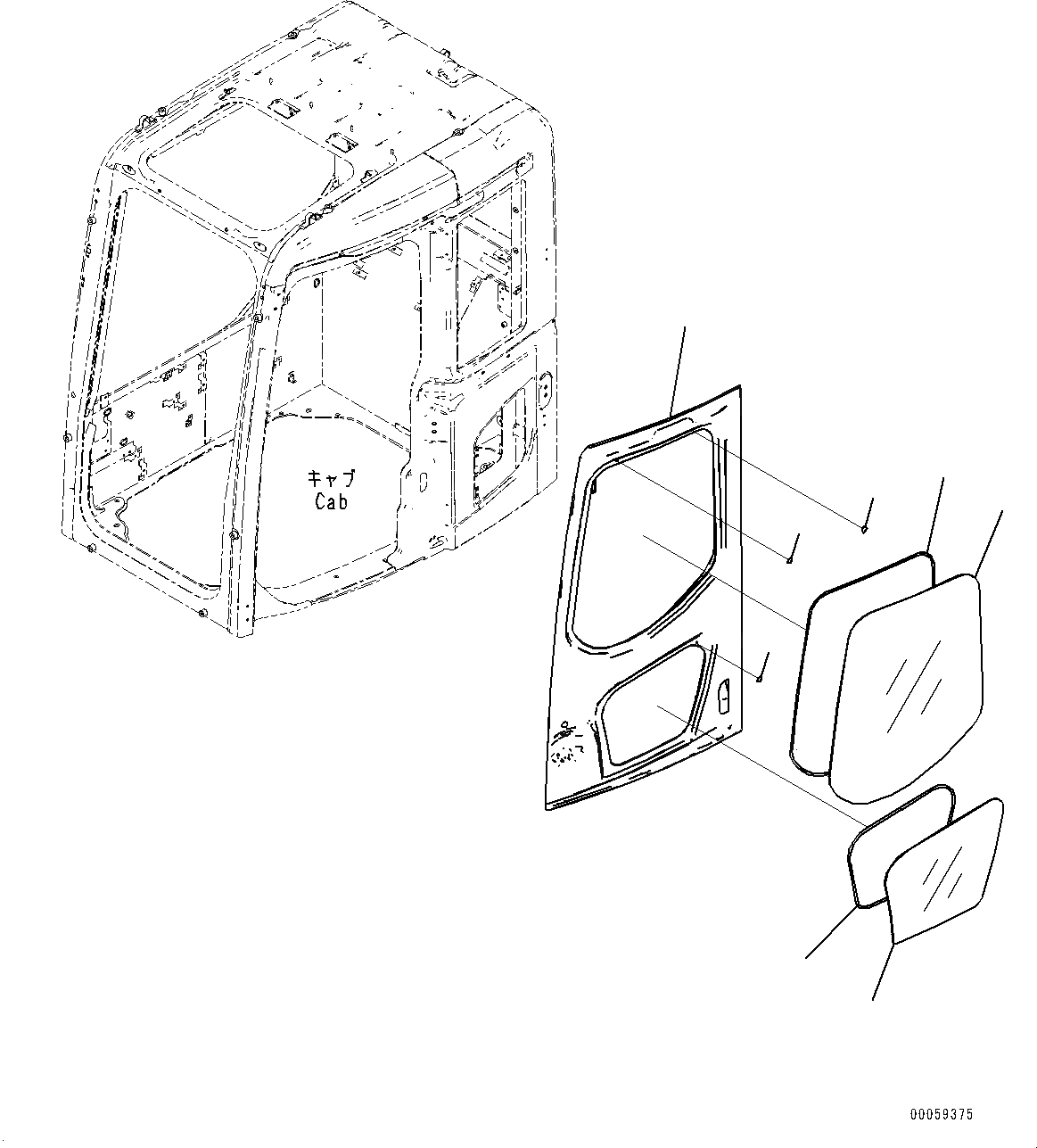 Схема запчастей Komatsu PC138US-8 - КАБИНА, ДВЕРЬ (№-) КАБИНА, ПРАВ. РАМА ОКНА