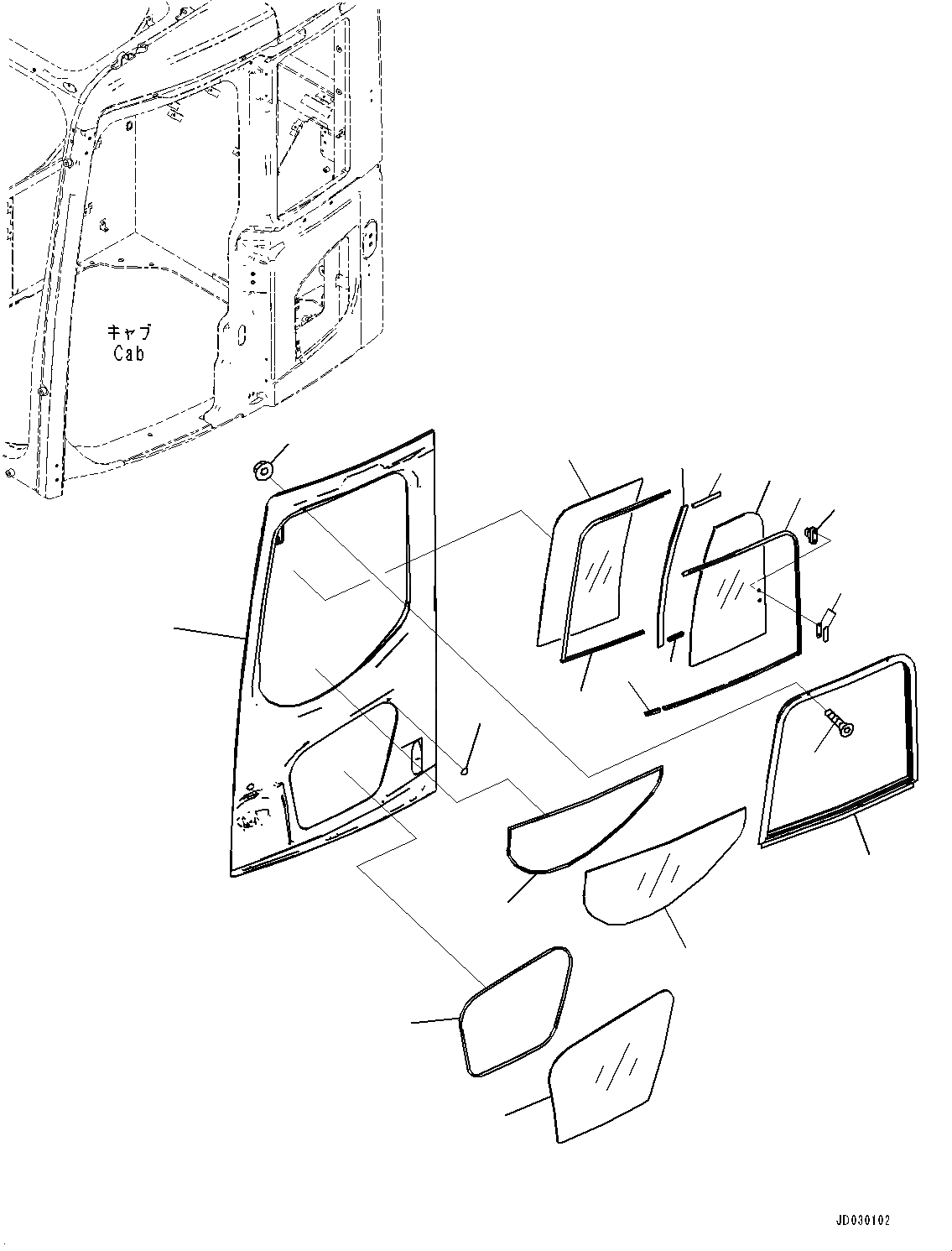 Схема запчастей Komatsu PC228USLC-8 - КАБИНА, ДВЕРЬ (№-) КАБИНА, EOPS КАБИНА, ПРАВ. И ЗАДН. ФИКС. ОКНА