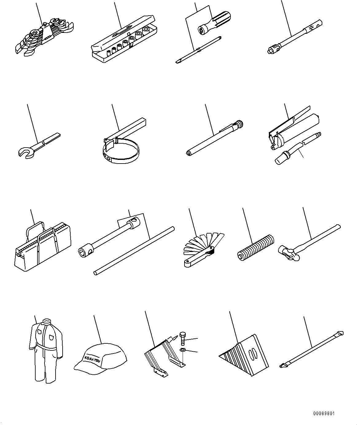 Схема запчастей Komatsu WA480-6 - ОСНОВН. ИНСТРУМЕНТ SET (№9-) ОСНОВН. ИНСТРУМЕНТ SET, ИНСТРУМЕНТ, БОЛЬШ. SIZED КЕПКА И КОМБИНЕЗОН, БАШМАКИ ДЛЯ КОЛЕС