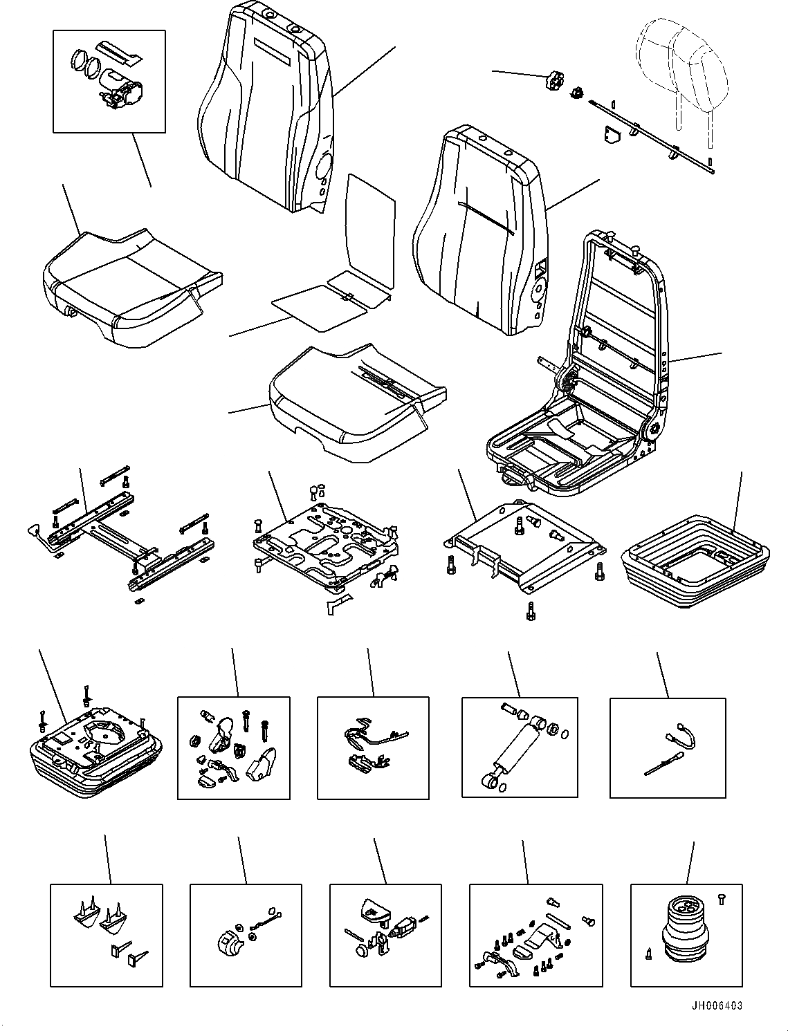 Схема запчастей Komatsu D65EX-17 - СИДЕНЬЕ ОПЕРАТОРА, ВНУТР. ЧАСТИ (№-) СИДЕНЬЕ ОПЕРАТОРА, ВОЗД. С ВОЗД. ПОДВЕСКОЙ, ТКАНЬ, TURN ТИП, НАКЛОН., HI-BACK ТИП, С ОБОГРЕВ-ЛЕМ, С HEADREST