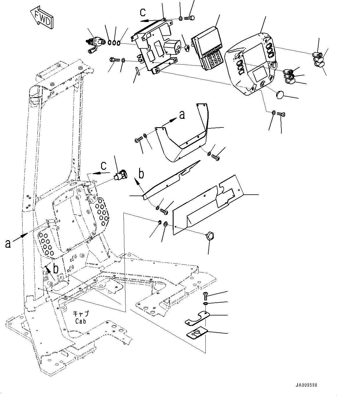 Схема запчастей Komatsu D39EX-23 - КАБИНА, ПРИБОРНАЯ ПАНЕЛЬ, ПАНЕЛЬ МОНИТОРА И ПЕРЕКЛЮЧАТЕЛЬ (№9-) КАБИНА, С AM-FM STEREO РАДИО С AUX ФИКСИР., СЕВ. АМЕРИКА, МАСТЕР КЛЮЧ