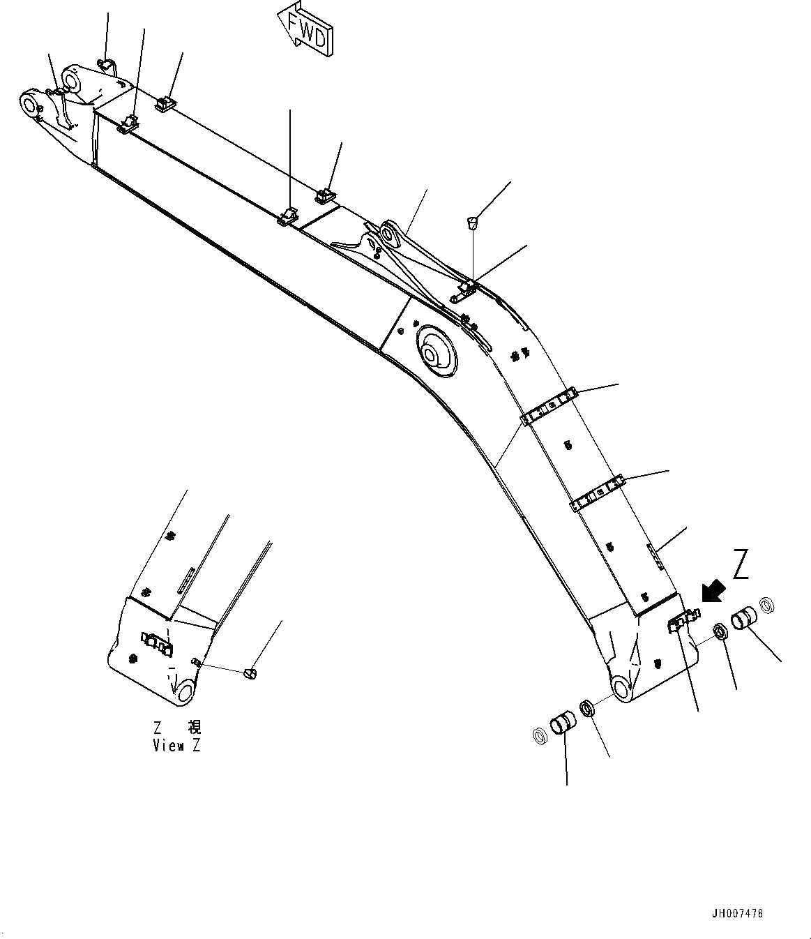 Схема запчастей Komatsu PC220-8M0 - СТРЕЛА, СТРЕЛА И ВТУЛКА (№-) СТРЕЛА, 9MM УСИЛ. ТИП, ЧАС. СМАЗКА INTERVAL