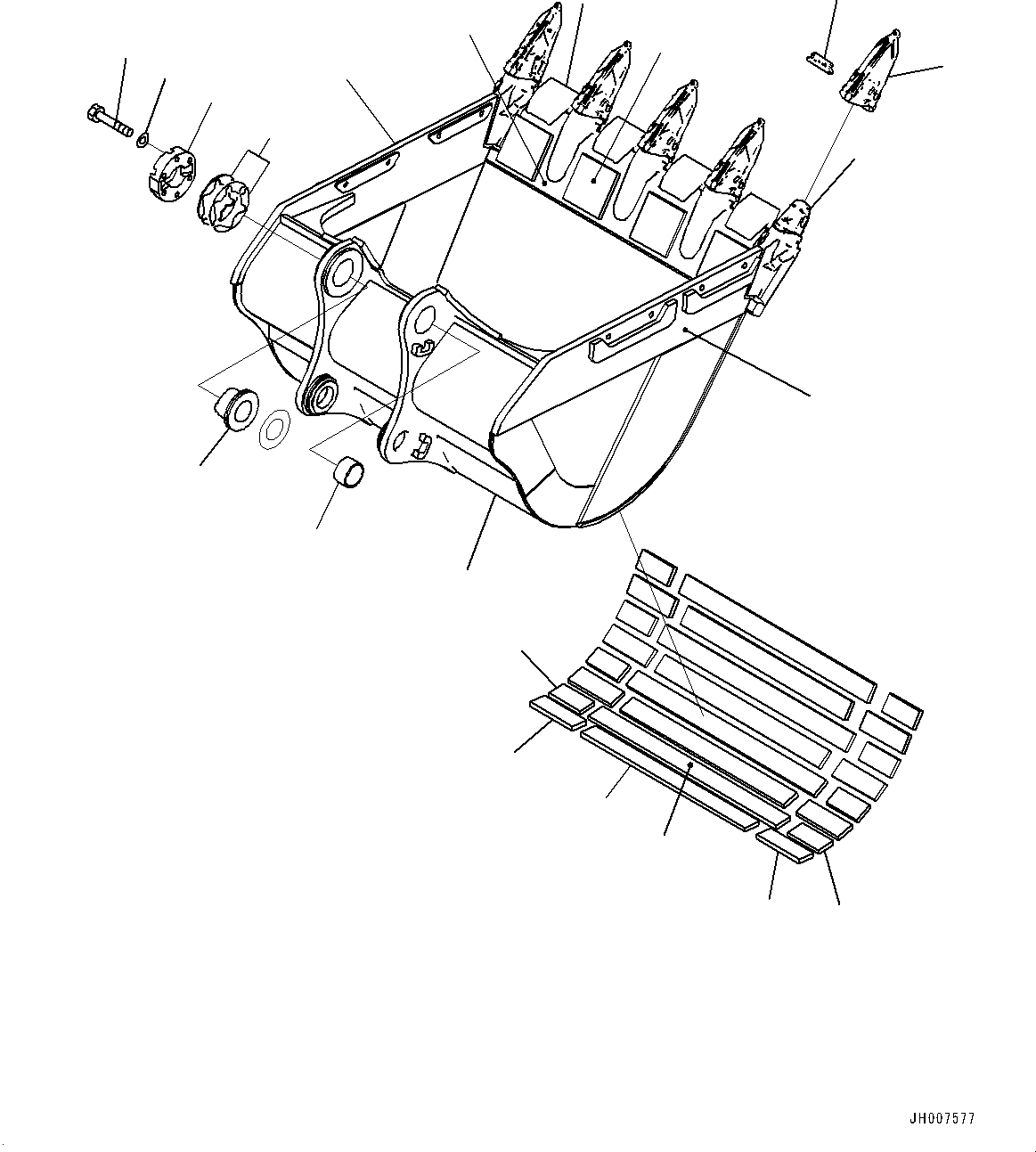 Схема запчастей Komatsu PC600-8R1 - КОВШ (№7-) КОВШ, .M, 8MM ШИР., KMAX TOOTH, THRUST ADJUSTMENT, БОКОРЕЗЫ