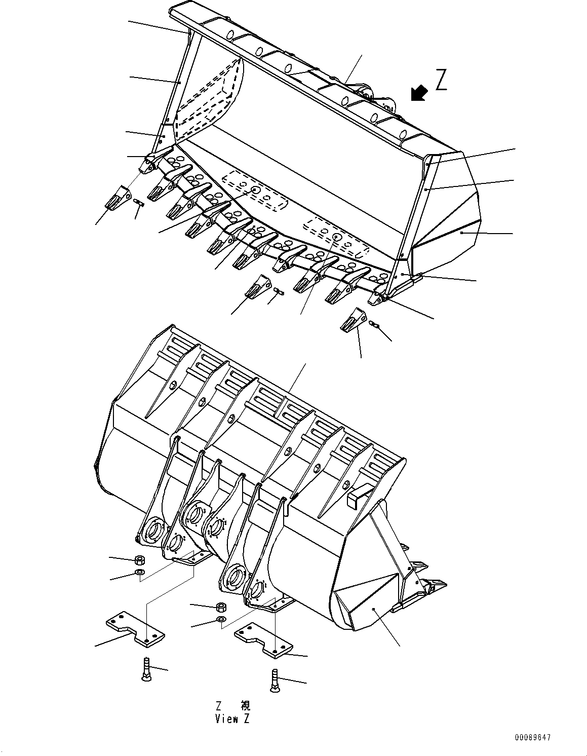 Схема запчастей Komatsu WA600-6 - КОВШ (№8-) КОВШ, .M, БОЛТ-ON SEGMENT ТИП, С TIP TOOTH, С УПЛОТНЕНИЕED И LUBRICATED ПАЛЕЦ