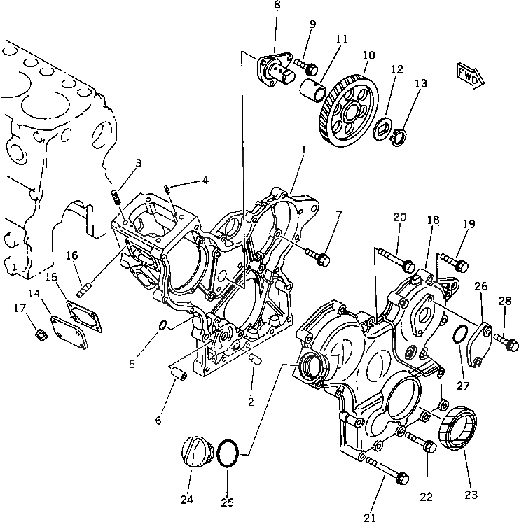 Схема запчастей Komatsu 3D66-1A - КОРПУС ШЕСТЕРЕНН. ПЕРЕДАЧИ И ПЕРЕДН. COVER БЛОК ЦИЛИНДРОВ