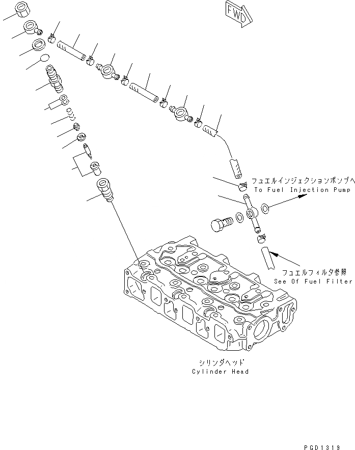 Схема запчастей Komatsu 3D68E-3G - ТОПЛИВН. ФОРСУНКА И СЛИВН. ШЛАНГ ДВИГАТЕЛЬ