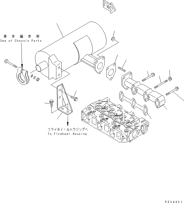 Схема запчастей Komatsu 3D68E-3E - ВЫПУСКНОЙ КОЛЛЕКТОР И ГЛУШИТЕЛЬ ГОЛОВКА ЦИЛИНДРОВ