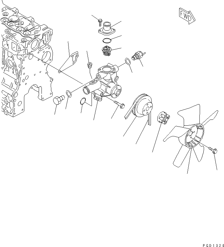 Схема запчастей Komatsu 3D68E-3G - ВОДЯНАЯ ПОМПА И ВЕНТИЛЯТОР ОХЛАЖДЕНИЯ ДВИГАТЕЛЬ