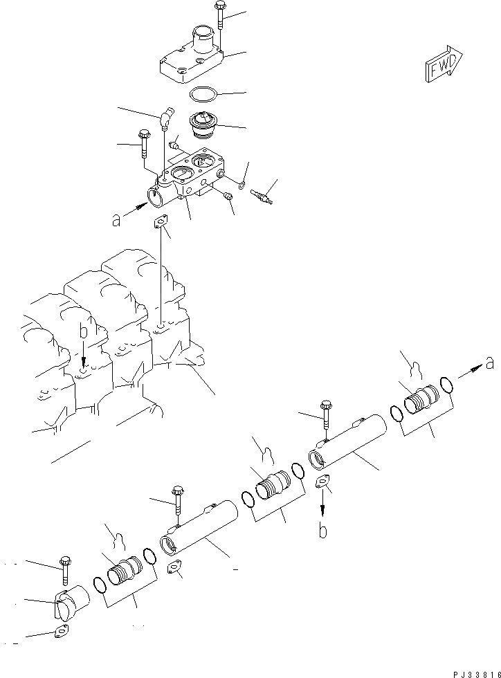Схема запчастей Komatsu 6D125-1F - ВОДЯНОЙ КОЛЛЕКТОР И ТЕРМОСТАТ(№8-) ГОЛОВКА ЦИЛИНДРОВ