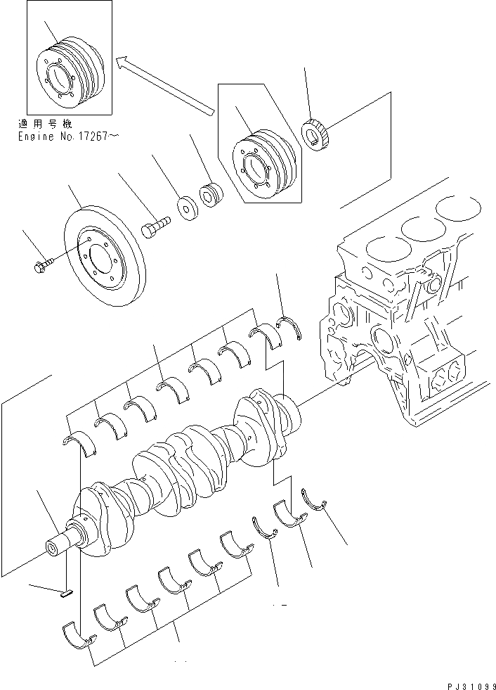 Схема запчастей Komatsu 6D95L-1L - КОЛЕНВАЛ (НЕ ЗАКАЛЕНН. ШКИВ ТИП) БЛОК ЦИЛИНДРОВ