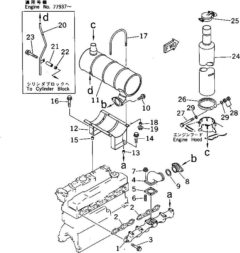 Схема запчастей Komatsu 6D95L-1PP - ВЫПУСКНОЙ КОЛЛЕКТОР И ГЛУШИТЕЛЬ (С RAIN КРЫШКА)(№-) ГОЛОВКА ЦИЛИНДРОВ