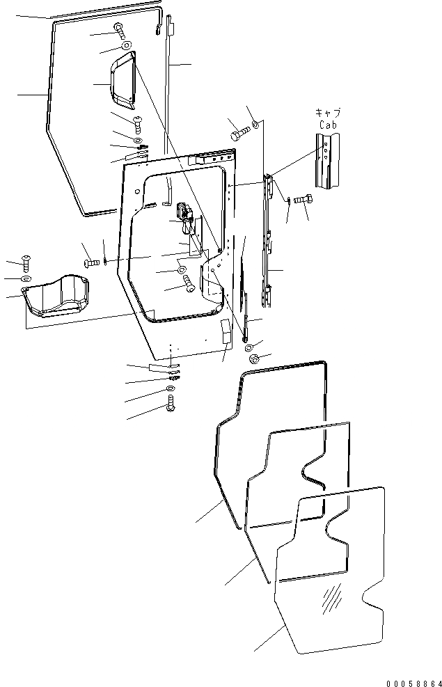Схема запчастей Komatsu D61EX-15E0-BW - КАБИНА (ДВЕРЬ) (ДЕМПФЕР¤ ОКНА¤ ДВОРНИКИ) (ЛЕВ.) КАБИНА ОПЕРАТОРА И СИСТЕМА УПРАВЛЕНИЯ