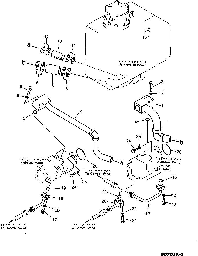 Схема запчастей Komatsu GD705A-3 - НИЗ. PRESSURE ТРУБЫ ГИДРАВЛИКА