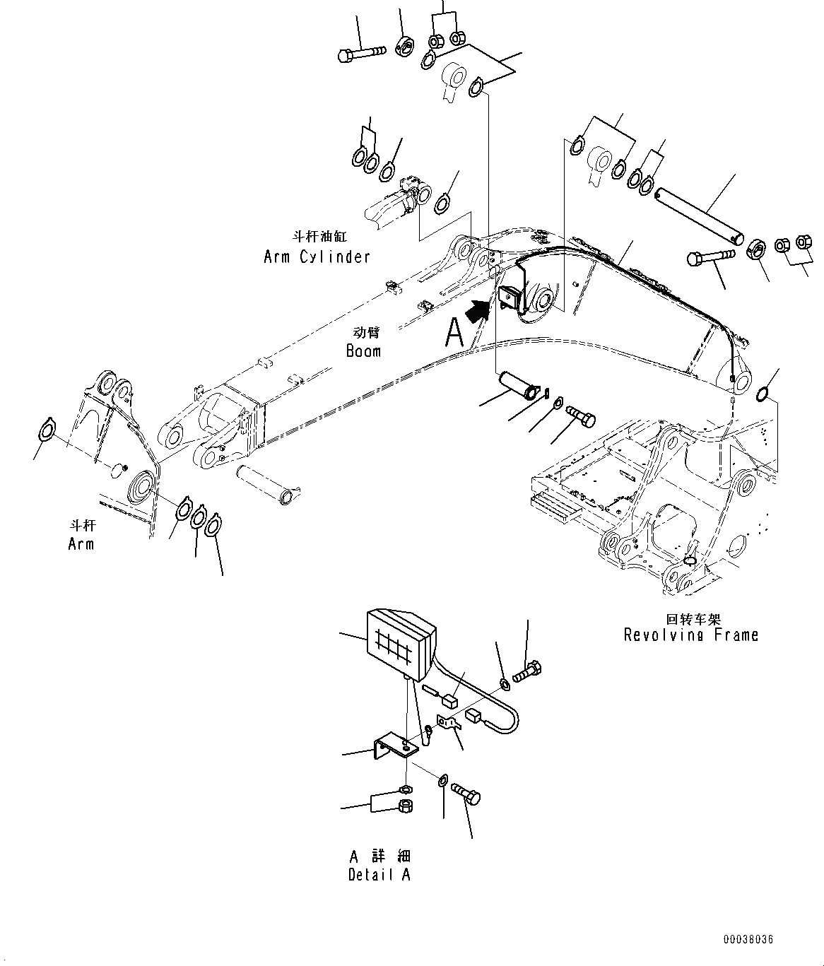 Схема запчастей Komatsu PC300-8M0 - СТРЕЛА (MM УСИЛ. ТИП, ЧАС. СМАЗКА INTERVAL) (ПАЛЕЦ ЦИЛИНДРА И ЛАМПА РАБОЧ. ОСВЕЩЕНИЯ) T [РАБОЧЕЕ ОБОРУДОВАНИЕ]