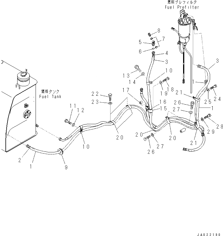 Схема запчастей Komatsu PC70-8 - ТОПЛИВОПРОВОД. (ВСАСЫВ. ТРУБЫ) (С БОЛЬШ. PRE-ФИЛЬТР.)(№7-) D [ТОПЛИВН. БАК. AND КОМПОНЕНТЫ]