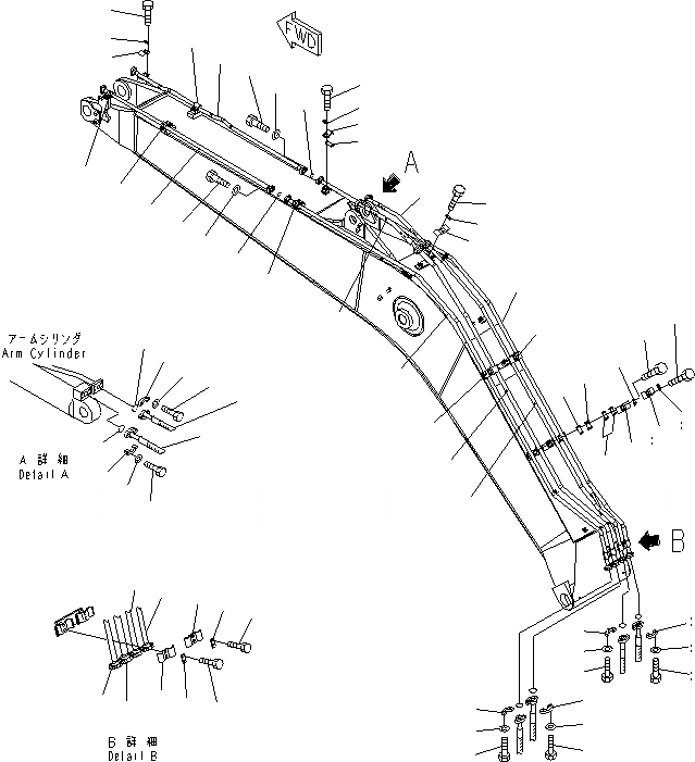 Схема запчастей Komatsu PC200-8 - СТРЕЛА (РУКОЯТЬ И ЦИЛИНДР КОВШАS) РАБОЧЕЕ ОБОРУДОВАНИЕ