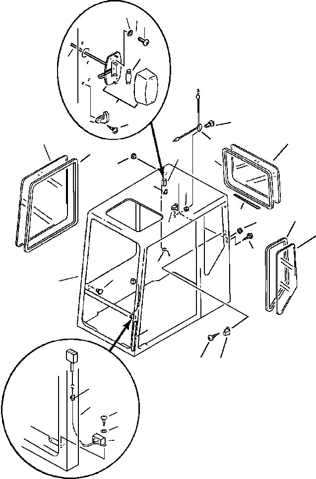 Схема запчастей Komatsu PC200-5 - КАБИНА ASSEMBLY ПРАВ. БОКОВ. ОКНА, ЛЕВ. ЗАДН. БОКОВОЕ И ЗАДНЕЕ СТЕКЛА ASSEMBLIES ЧАСТИ КОРПУСА