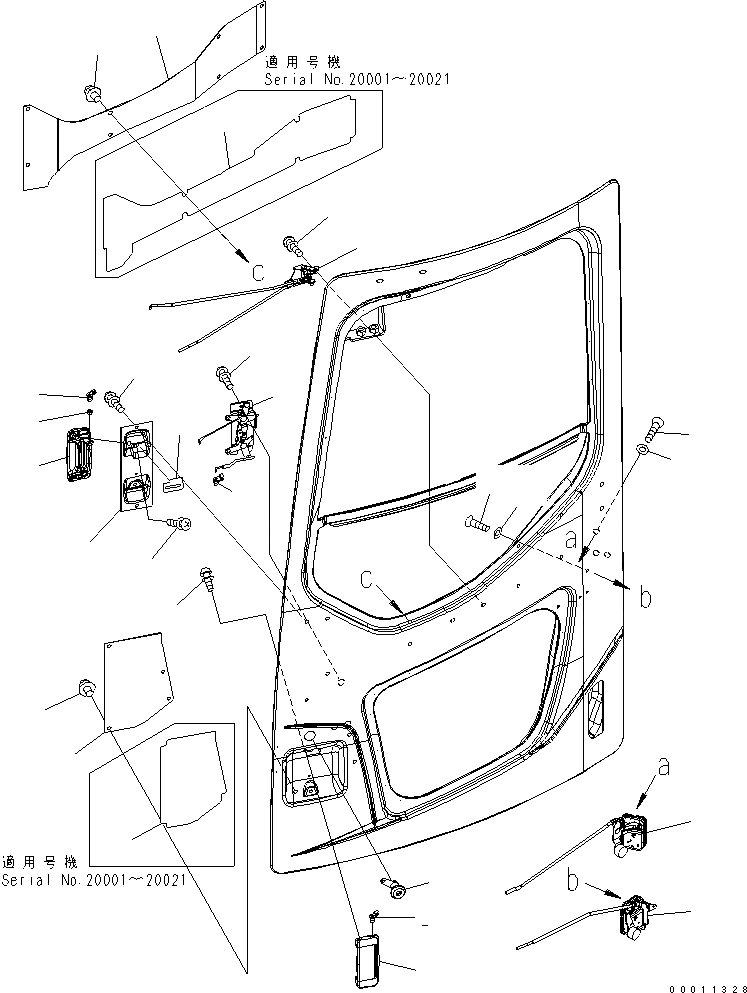 Схема запчастей Komatsu PC308USLC-3 - КАБИНА (ЗАМОК ДВЕРИ МЕХАНИЗМ) (С ДВЕРЬЮ РАМА)(№-) КАБИНА ОПЕРАТОРА И СИСТЕМА УПРАВЛЕНИЯ