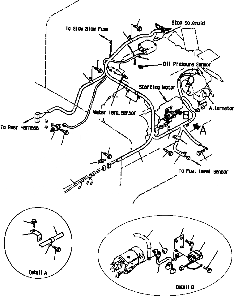 Схема запчастей Komatsu WA180-3MC - FIG. B-A Э/ПРОВОДКА ДВИГАТЕЛЯ - ОСНОВН. Э/ПРОВОДКА КОМПОНЕНТЫ ДВИГАТЕЛЯ
