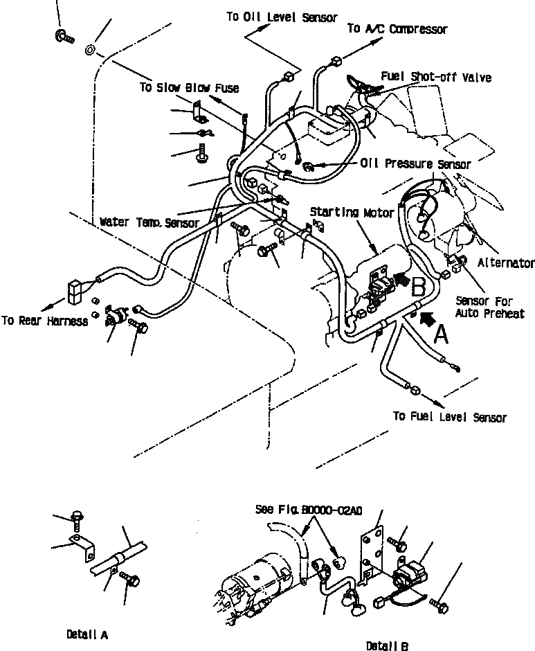 Схема запчастей Komatsu WA250PT-3L - FIG NO. B-A Э/ПРОВОДКА ДВИГАТЕЛЯ (/) КОМПОНЕНТЫ ДВИГАТЕЛЯ