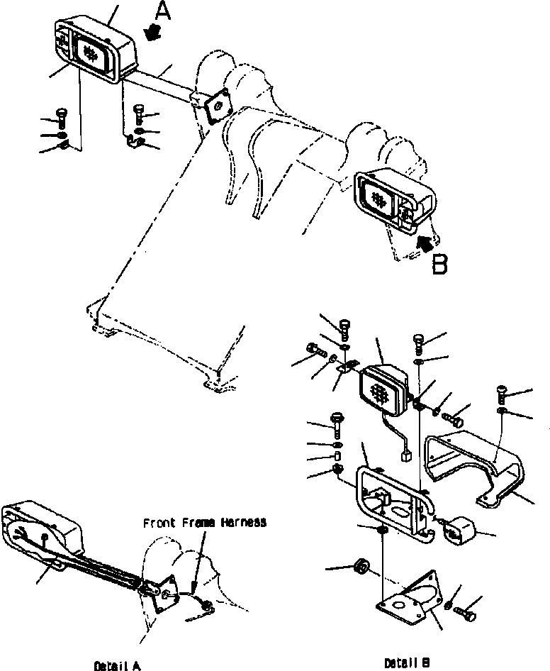 Схема запчастей Komatsu WA420-3MC - FIG. E-A КРЕПЛЕНИЕ ФАР - ПЕРЕДНЯЯ ФАРА И КРЕПЛЕНИЕ ЭЛЕКТРИКА