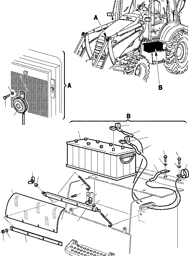 Схема запчастей Komatsu WB150PS-2N - FIG. E-A ЭЛЕКТРИКА - АККУМУЛЯТОР И ЗВУК. СИГНАЛ. ЭЛЕКТРИКА