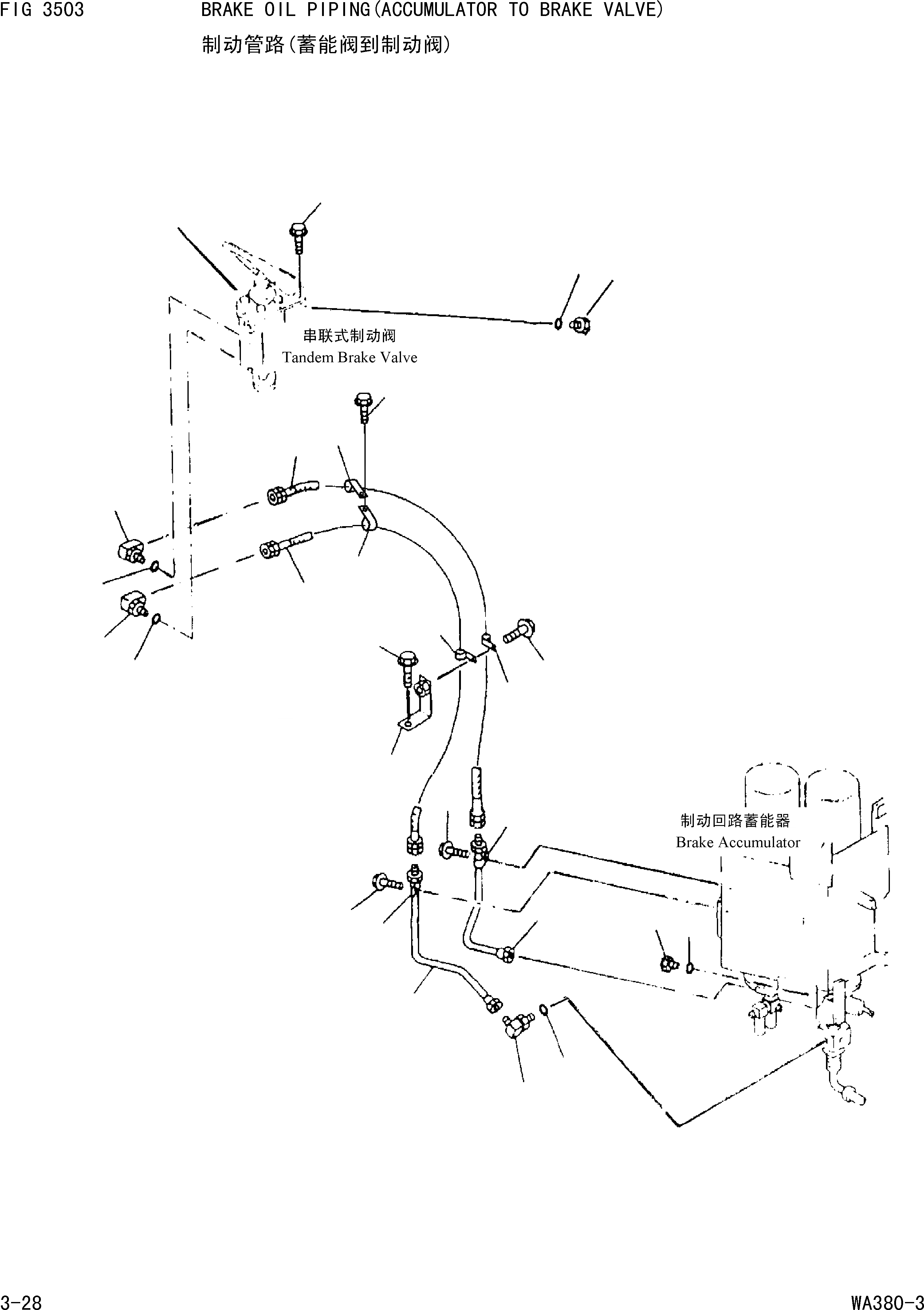 Схема запчастей Komatsu WA380-3 - ТОРМОЗ. МАСЛОПРОВОДЯЩАЯ ЛИНИЯ(АККУМУЛЯТОР - ТОРМОЗНОЙ КЛАПАН) [ВЕДУЩ. ВАЛ ДИФФЕРЕНЦ. И КОЛЕСА]