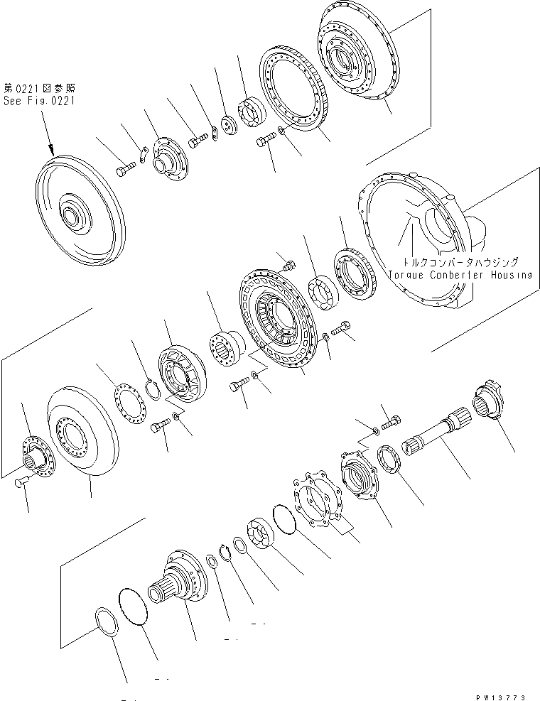 Схема запчастей Komatsu D135A-1 - ГИДРОТРАНСФОРМАТОР (/) ВАЛ И СТАТОР ГИДРОТРАНСФОРМАТОР И TRNSMISSION